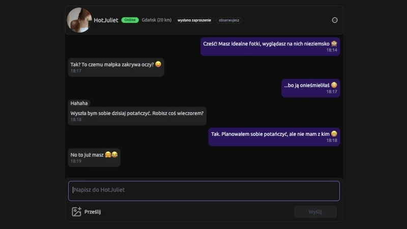 Przykładowa rozmowa na Wink3r, prezentująca fakt zawsze darmowych wiadomości
